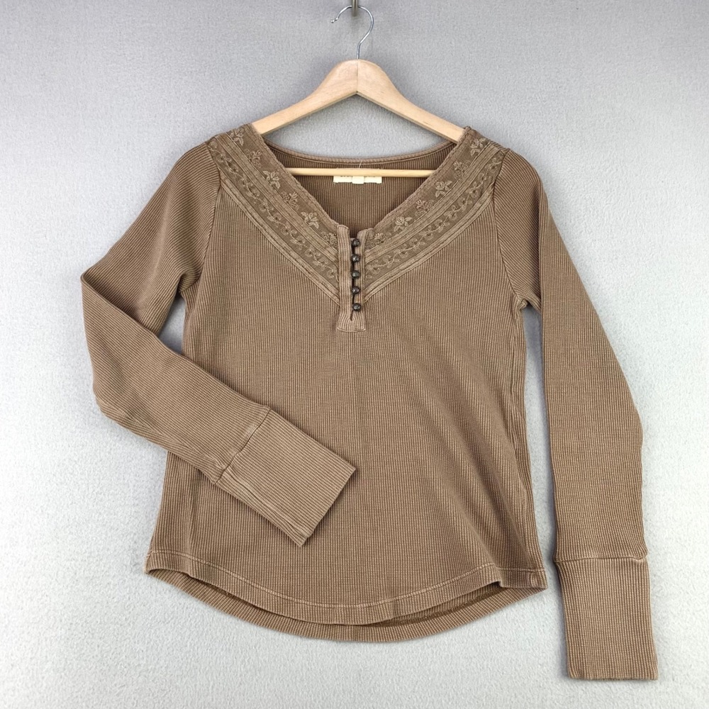 Lucky Brand Embroidered Henley Top Women M Brown Waffle Knit Thermal Boho